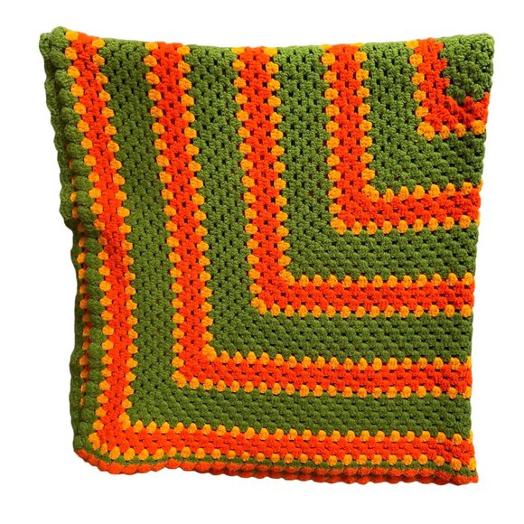 Vintage 1970s Handmade Crochet Afghan Blanket 58" X 54" Green Orange Yellow Squa - Picture 3 of 5